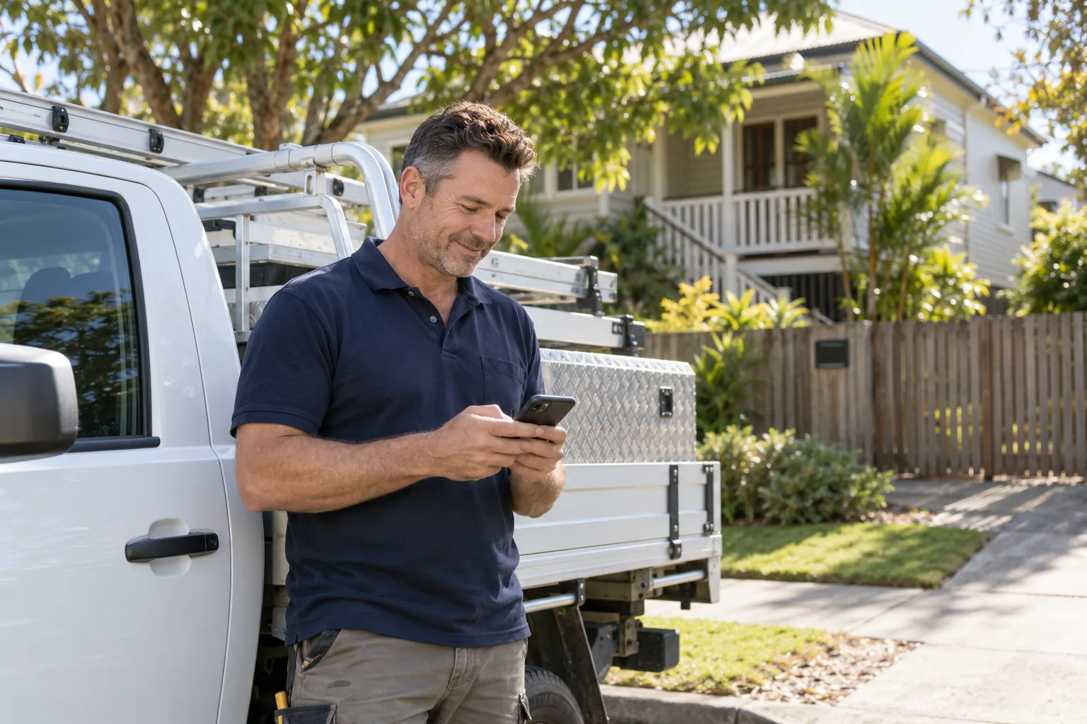 Illustrative local business owner checking his phone between jobs